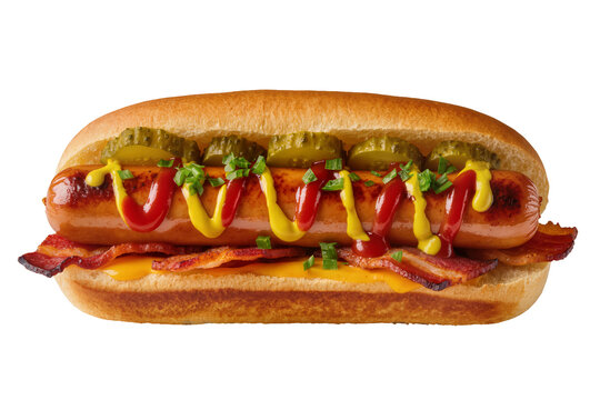 Delicious gourmet hot dog with grilled sausage, melted cheese, crispy bacon, dill pickles, ketchup, mustard, and chives, isolated PNG