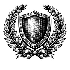 Obraz premium Ornate black and white vintage engraved shield emblem, meticulously framed by elegant laurel wreaths and a decorative ribbon, an ideal symbol for badges, logos, crests, awards, security, protection, a