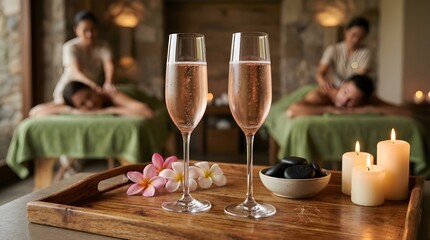Relaxing Wellness Journey Champagne Toasting in a Serene Luxury Spa Setting, Flutes of champagne at luxury spa while couple relaxing