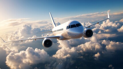 Fototapeta premium Jet Aircraft Soaring Through Bright Sky Above Clouds
