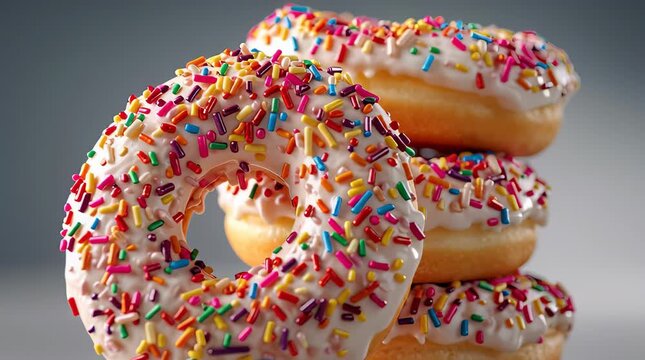 Delicious Stack of Sprinkled Donuts on a White Background.