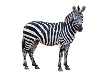A magnificent adult zebra, featuring bold black and white stripes, stands calmly, isolated PNG for diverse design projects © Marie