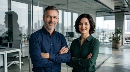 Portrait of happy executive managers, two business man and woman leaders entrepreneurs, corporate partners business owners professional work team standing arms crossed in office looking at camera