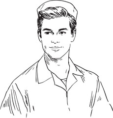 Hand Drawn Man as Nurse Black and White Avatar Illustration in Minimal Line Art Style Design