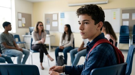 Thoughtful Teenage Boy in School Group Counseling Session with Peers and Counselor, Hispanic student guy in support group discussion at school