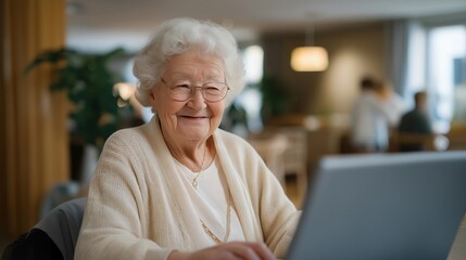 Obraz premium Nursing home resident isolated from video call technology while staff assists other residents, elderly digital exclusion, perfect for generational gap, care disparity, and contemporary isolation