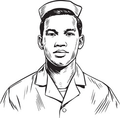 Hand Drawn Man as Nurse Black and White Avatar Illustration in Minimal Line Art Style Design