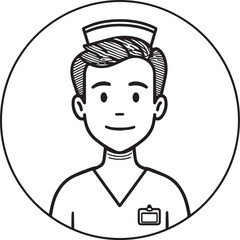 Obraz premium Hand Drawn Man as Nurse Black and White Avatar Illustration in Minimal Line Art Style Design