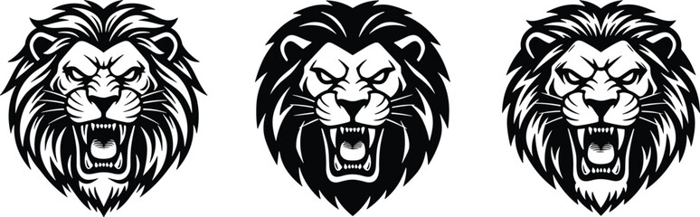 Black and white roaring lion head illustrations with fierce mane, bold graphic style, aggressive expression, symbolizing strength, courage, leadership © Mohammad