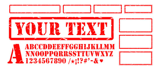 Alphabet, numbers and symbols to create a custom red stamp impression. Different doubled letters. All elements separate 