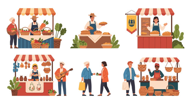 Local Farmers Market Stalls Vector Set. Vendors Selling Fresh Produce, Bread, and Handmade Crafts to Shoppers.