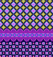 Vibrant seamless pattern with floral motifs and geometric shapes