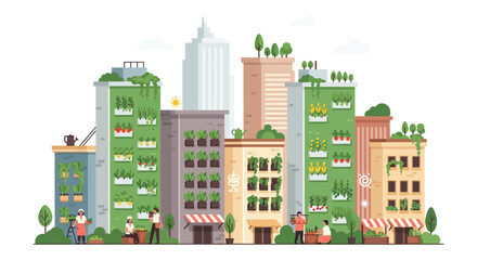 Fototapeta premium Sustainable City Landscape with Vertical Gardens and Rooftop Farming. Green Urban Architecture and Community Agriculture Illustration on White.