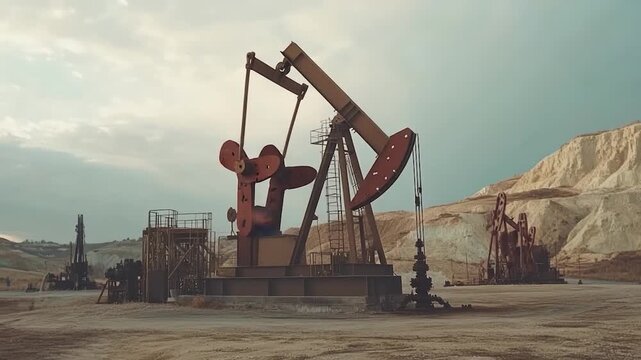 Pump jacks extracting oil in a desolate landscape under an overcast sky. Brown machinery and beige hills