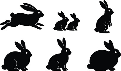 Black rabbit silhouettes in various poses including leaping, sitting, standing upright, stylized forest wildlife vector illustration for design © Mohammad