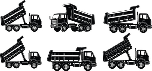 Set of heavy duty dump truck silhouettes in various tipping positions for construction industry logistics engineering and earthmoving machinery vector illustration design elements © Moshaharul's World