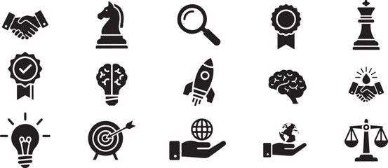 A collection of black silhouette icons depicting business strategy success and intellectual concepts high quality professional detailed modern elegant stylish clean crisp vibrant © MDJahangir