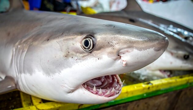 Close-up of a sharks head with open mouth and teeth.