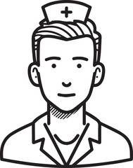 Obraz premium Hand Drawn Man as Nurse Black and White Avatar Illustration in Minimal Line Art Style Design
