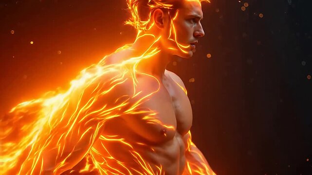 Muscular man with glowing fiery energy