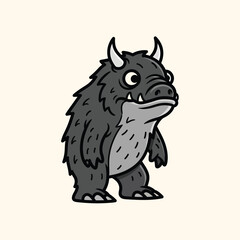 Fototapeta premium A cartoon monster stands upright, its form gray with black outline and a neutral background. It features horns, sharp teeth, and furry skin