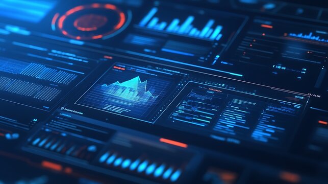 Digital data dashboard displaying various graphs, charts, and metrics for analysis, visualization, and monitoring in a futuristic user interface concept with vibrant blue and orange glowing elements.