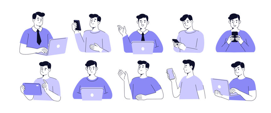 Male character at work set. Man in various poses use smartphone, laptop and other devices. Business doodle concept. Vector illustration.
