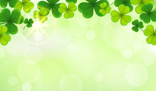 Shamrock background vector illustration. Clover leaves frame on light green bokeh background