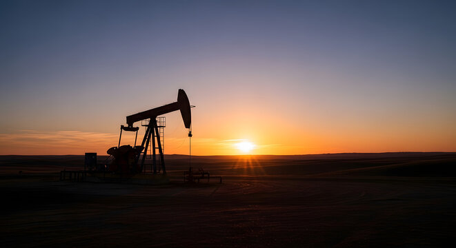 A silhouette of an industrial oil pumpjack stands against a vibrant sunset sky in a vast petroleum oilfield, representing the power and energy of the global drilling and fuel industry