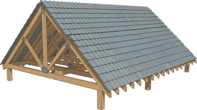 Wooden roof truss structure with grey tiles and timber framing isolated on white background for construction and architectural design concepts