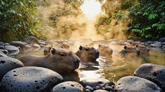 A group of capybaras relaxing and soaking in a hot spring surrounded by large rocks and lush greenery, with steam rising in a serene natural setting. Perfect for nature documentaries,