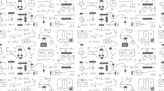 Hand drawn electrical circuit diagrams and equations scattered across a white background with grey lines and shapes
