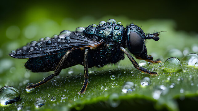 Black fly covered water droplets green leaf macro shot showing detailed textures and shiny surface fresh and vibrant scene natural