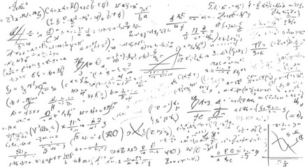 Fototapeta premium Handwritten mathematical equations and formulas scattered across a white background mathematics science