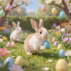 kawaii, easter celebration featuring rabbits and eggs amidst a floral garden