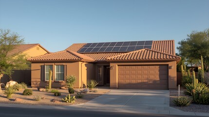 Modern eco-friendly single-story house with solar panels on red tile roof in desert landscape at sunset