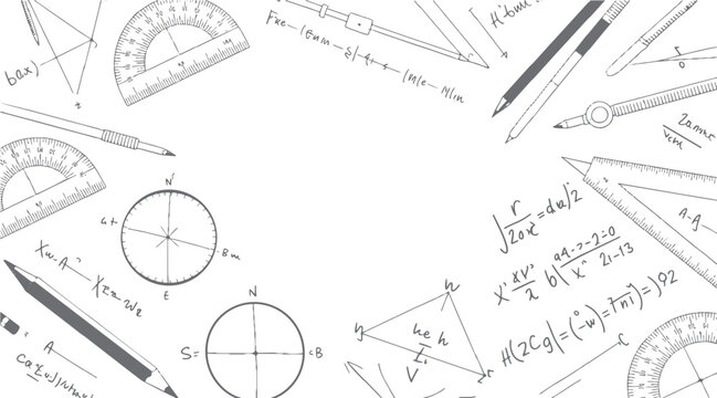 Hand drawn geometry tools and mathematical equations on white background education science learning