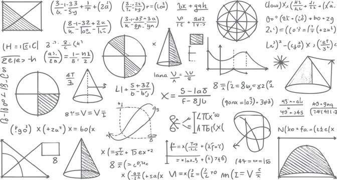 Hand drawn mathematical equations geometric shapes and graphs on white background mathematics formula