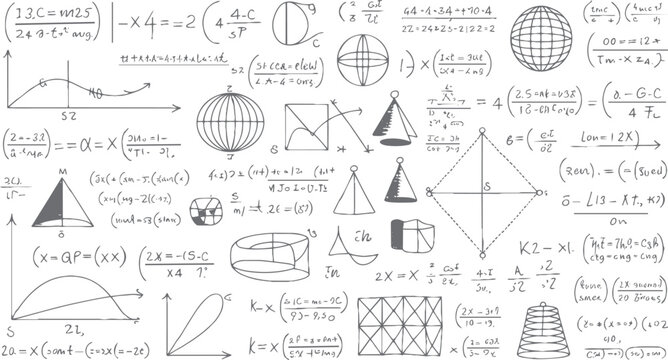 Hand drawn mathematical formulas and geometric shapes on a white background mathematics equation geometry