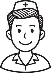 Obraz premium Hand Drawn Man as Nurse Black and White Avatar Illustration in Minimal Line Art Style Design