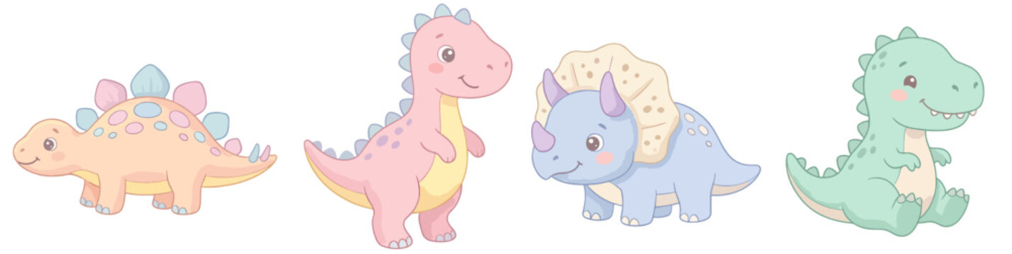 Adorable pastel dinosaurs clipart set: triceratops, t rex, stegosaurus, cartoon illustration, nursery, isolated, no background, PNG, transparent background, prehistoric animal characters for kids