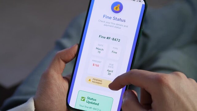 Close-up of a person checking a fine status on a smartphone. User updates a pending payment status in a government app. Concept of digital services, smart city technology, and mobile financial