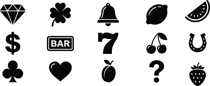 Casino fruit symbols gaming icons slot machine silhouette set