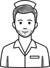 Obraz premium Hand Drawn Man as Nurse Black and White Avatar Illustration in Minimal Line Art Style Design