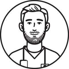Obraz premium Hand Drawn Man as Nurse Black and White Avatar Illustration in Minimal Line Art Style Design