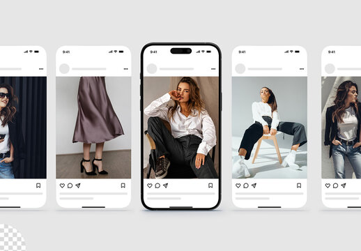 Multi Screen Phone Web Ui Ux App Social Media Post and Stories Feed Mockup