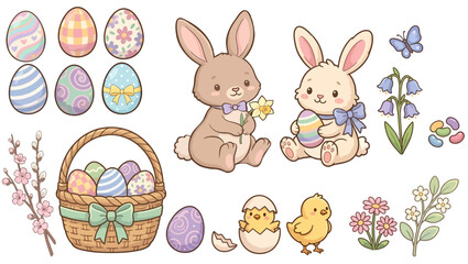 Obraz premium A cute collection of Easter clipart, icon, kawaii bunnies, colorful eggs, a basket, baby chicks, and spring flowers, festive holiday decor, isolated elements, transparent background, PNG