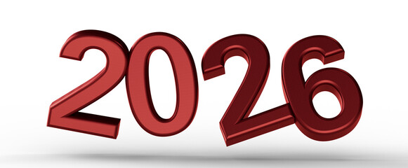 3D rendering of the year 2026 in red font. Perfect for new year greetings and future vision concepts. Isolated on white © vegefox.com