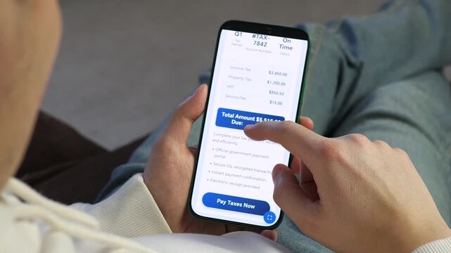 Close up of person paying taxes via mobile government portal, reviewing invoice and confirming secure online payment. Modern fintech workflow, digital identity and successful transaction concept