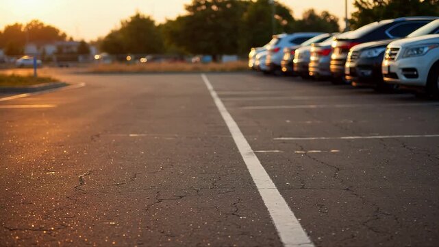 Parking lot with cars at sunset